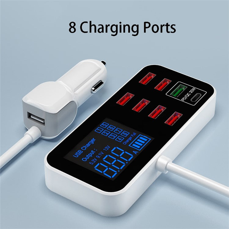 WLX-A9S+ 8-port USB Car Charger PD 20W + QC3.0 Phone Charger Adapter Smart LCD Display Charging Station