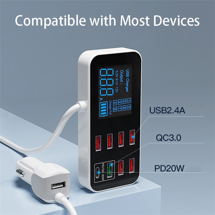 WLX-A9S+ 8-port USB Car Charger PD 20W + QC3.0 Phone Charger Adapter Smart LCD Display Charging Station