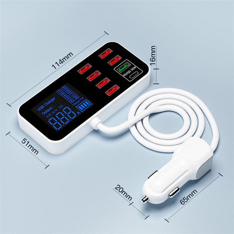 WLX-A9S+ 8-port USB Car Charger PD 20W + QC3.0 Phone Charger Adapter Smart LCD Display Charging Station