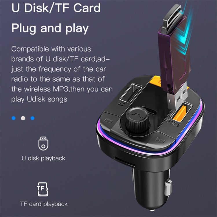 YESIDO Y45 Bluetooth 5.0 Wireless FM Transmitter PD + QC 3.0 Dual USB Car Charger with Colorful Light