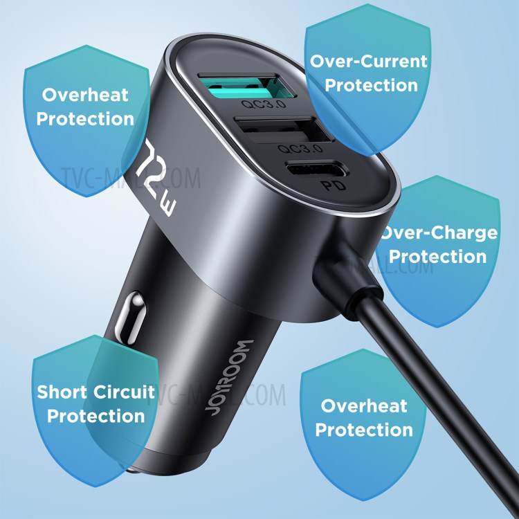 JOYROOM JR-CL05 72W 5 Ports (2PD + 3QC3.0) Car Fast Charger with Extension Cord USB Adapter