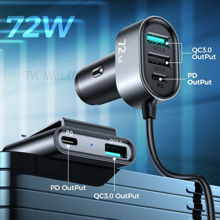 JOYROOM JR-CL05 72W 5 Ports (2PD + 3QC3.0) Car Fast Charger with Extension Cord USB Adapter