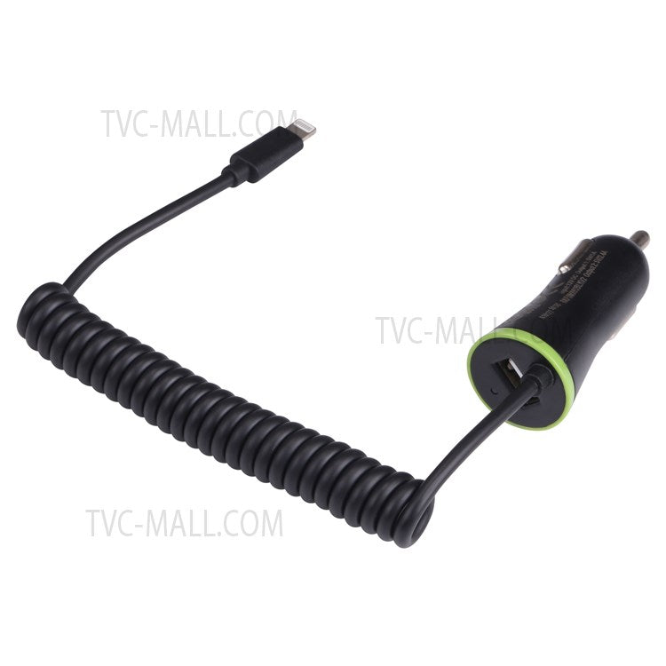 USB Car Charger with Indicator Light and Stretchable Data Cable for Mobile Phone Tablet Bluetooth Speaker - Lightning Interface