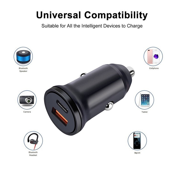 MiniPhone Type-C+USB Car Charger Adapter - 20W PD 3.0 Mini Phone Charger Fast Car Charger - Black