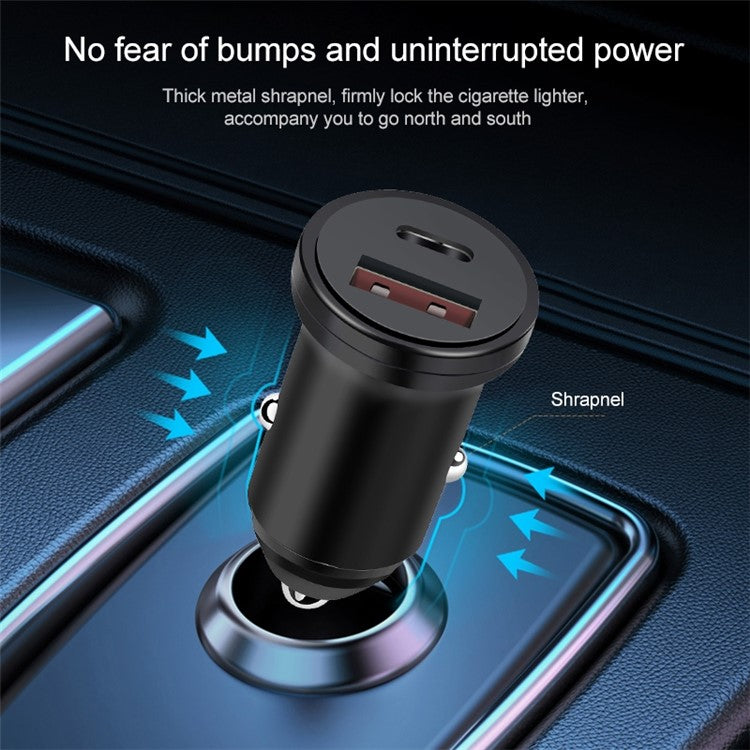 MiniPhone Type-C+USB Car Charger Adapter - 20W PD 3.0 Mini Phone Charger Fast Car Charger - Black