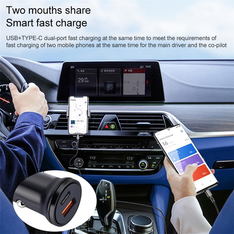 MiniPhone Type-C+USB Car Charger Adapter - 20W PD 3.0 Mini Phone Charger Fast Car Charger - Black