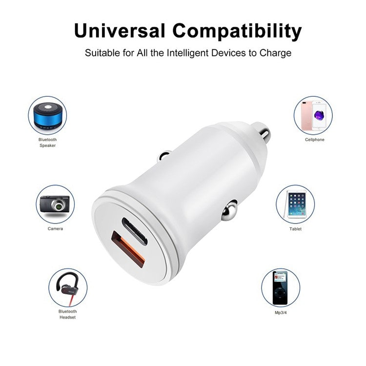 MiniPhone Type-C+USB Car Charger Adapter - 20W PD 3.0 Mini Phone Charger Fast Car Charger - White