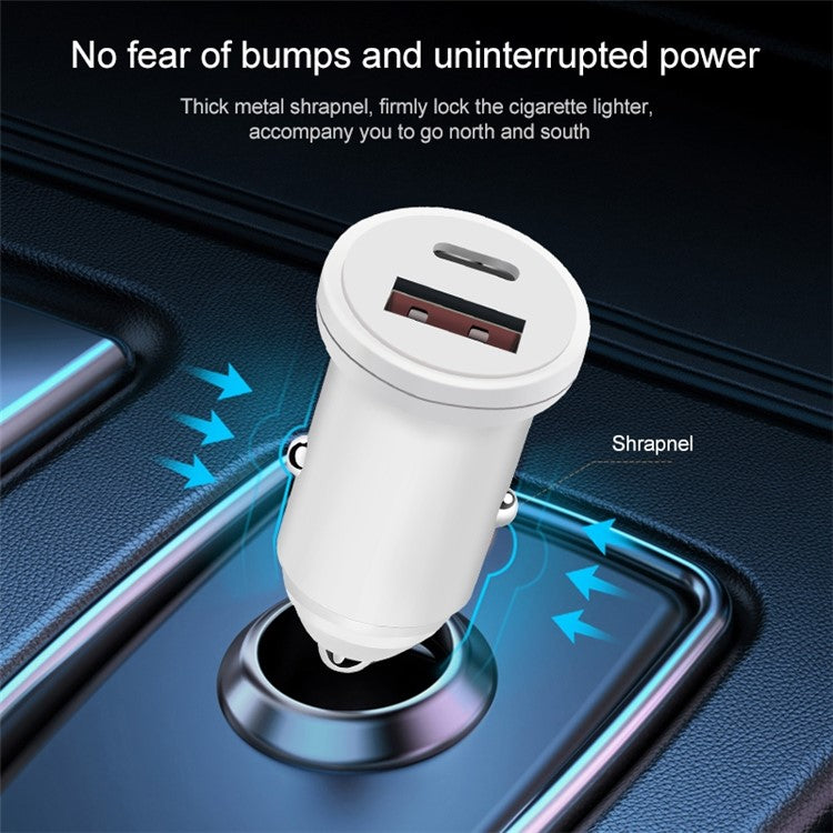 MiniPhone Type-C+USB Car Charger Adapter - 20W PD 3.0 Mini Phone Charger Fast Car Charger - White