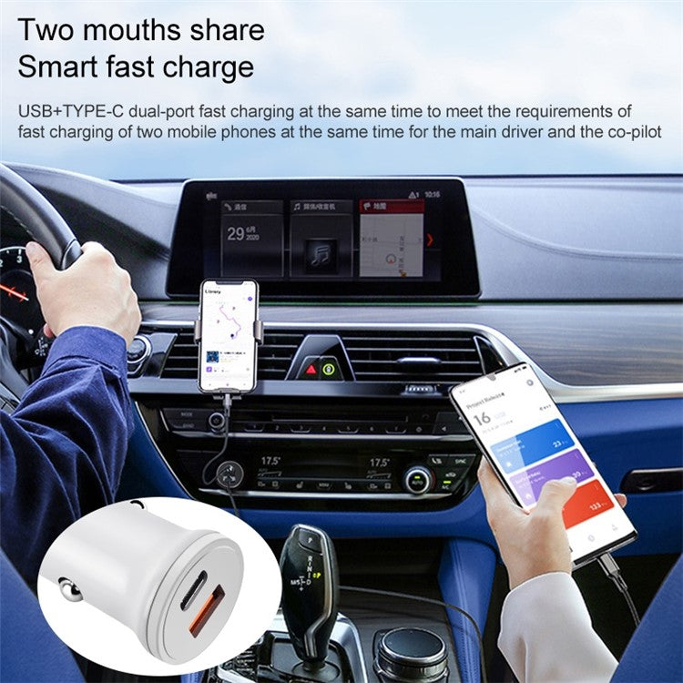 MiniPhone Type-C+USB Car Charger Adapter - 20W PD 3.0 Mini Phone Charger Fast Car Charger - White