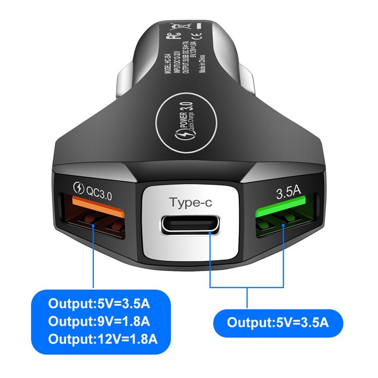 35W 7A Dual USB + 1 Type-C QC3.0 Fast Charging Mobile Phone Car Charger Power Adapter (CE, FCC Certificated) - Black