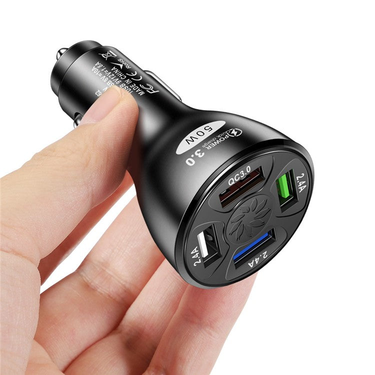 50W 4 USB Ports QC3.0 Fast Charging Car Charger Phone Power Adapter - Black