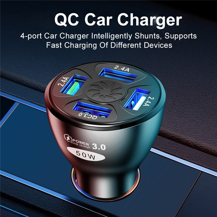 50W 4 USB Ports QC3.0 Fast Charging Car Charger Phone Power Adapter - Black