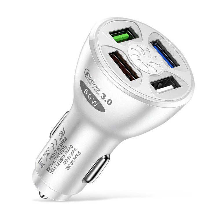 50W 4 USB Ports QC3.0 Fast Charging Car Charger Phone Power Adapter - White