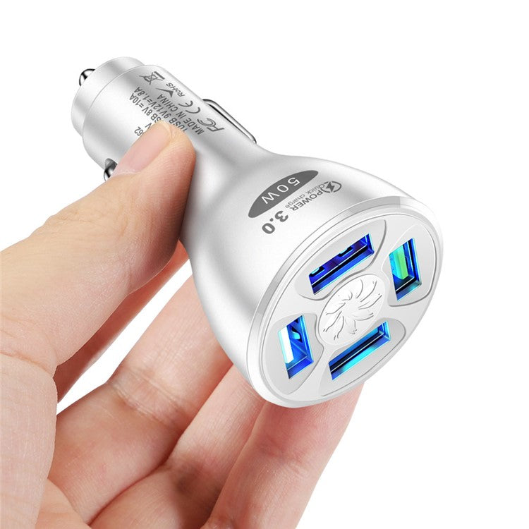 50W 4 USB Ports QC3.0 Fast Charging Car Charger Phone Power Adapter - White