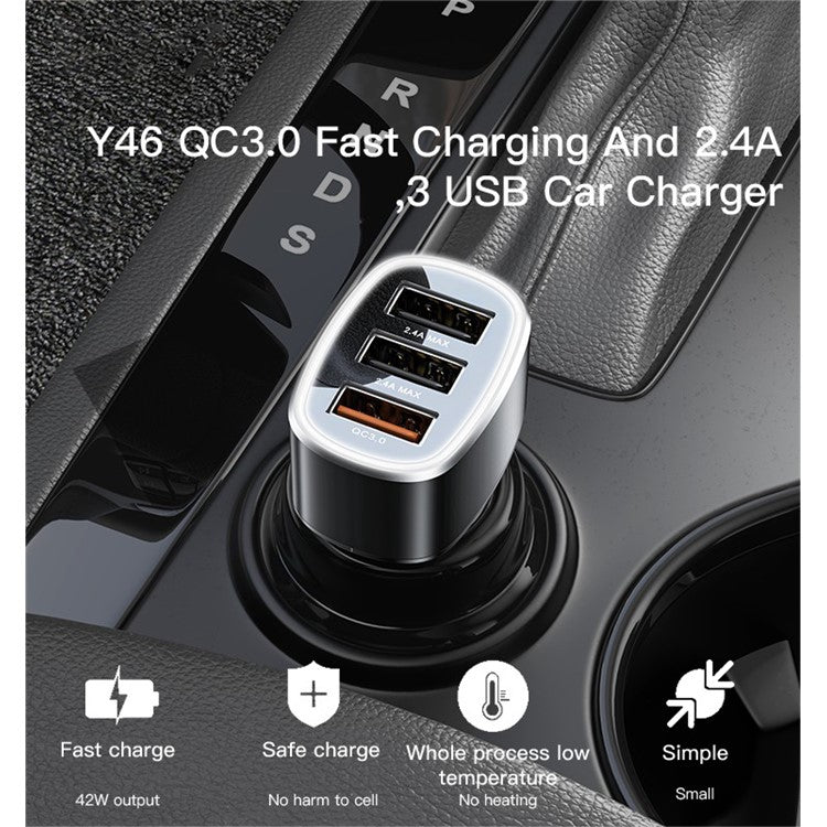 MiniPhone YESIDO Y46 QC 3.0 - Smart Car Charger 3 USB Port 42W Mini Phone Charger for iPhone / Samsung / Huawei / HTC