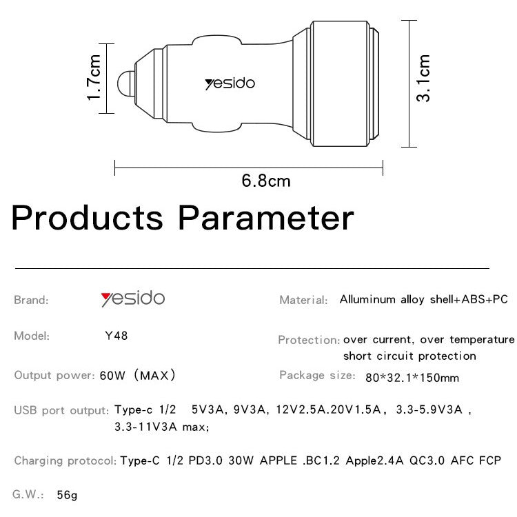 YESIDO Y48 60W High Power Fast Charging Car Charger Dual Output Phone Charger Adapter