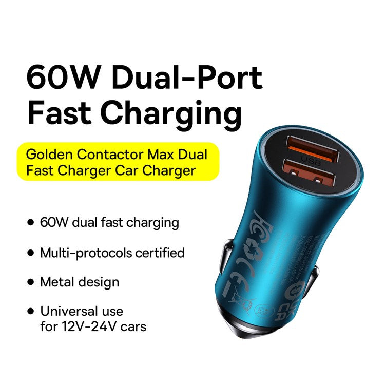 BASEUS Golden Contactor Max Dual USB Ports Fast Charger 60W Car Charger for Cell Phone Camera Tablets Laptops - Blue