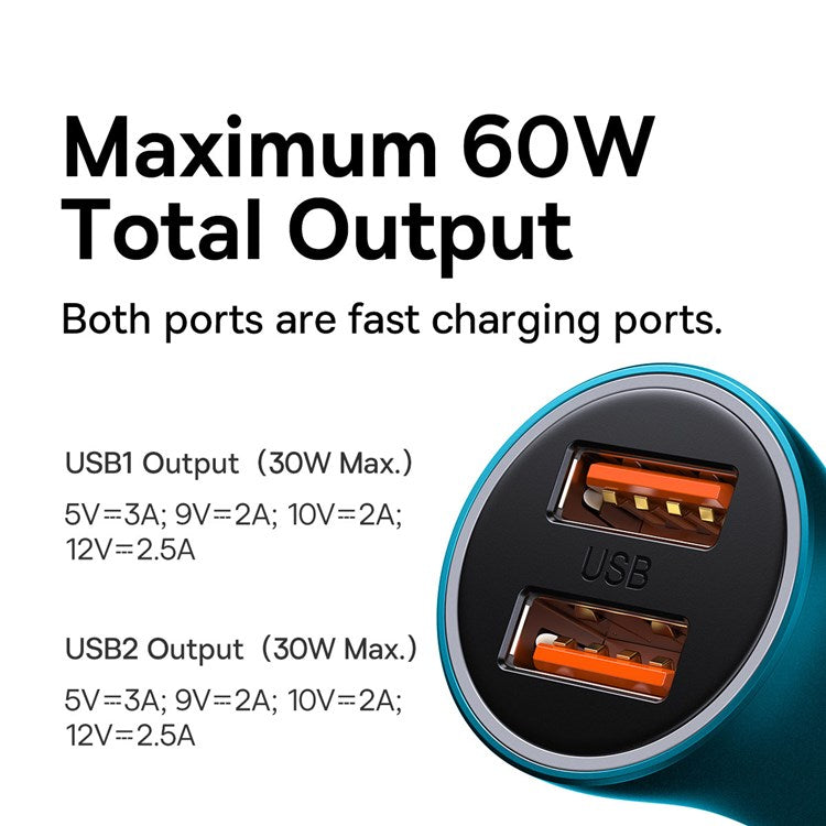 BASEUS Golden Contactor Max Dual USB Ports Fast Charger 60W Car Charger for Cell Phone Camera Tablets Laptops - Blue