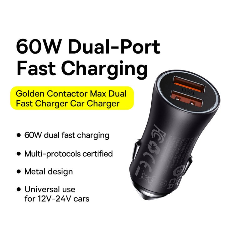 BASEUS Golden Contactor Max Dual USB Ports Fast Charger 60W Car Charger for Cell Phone Camera Tablets Laptops - Dark Grey