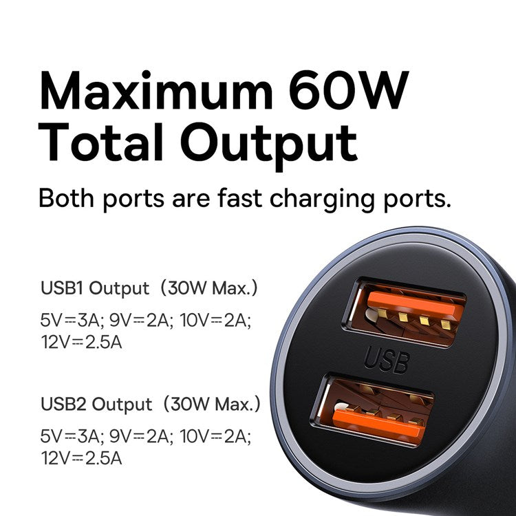 BASEUS Golden Contactor Max Dual USB Ports Fast Charger 60W Car Charger for Cell Phone Camera Tablets Laptops - Dark Grey