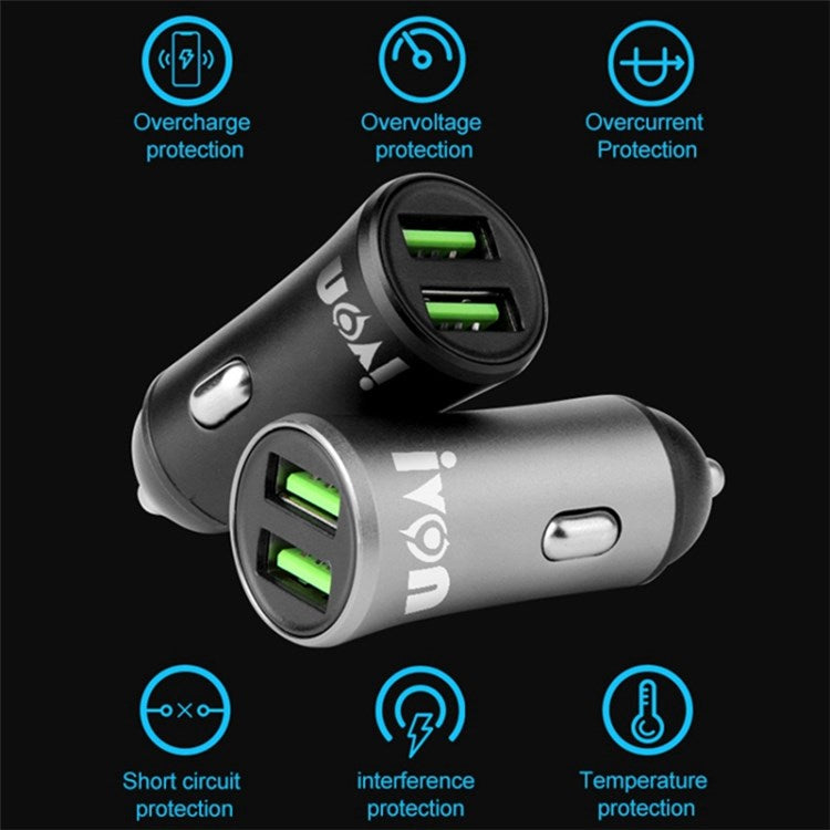 IVON CC26 5V 2.1A Dual USB Ports Fast Charger Car Charger for Cell Phone Camera Tablets Laptops and More - Black