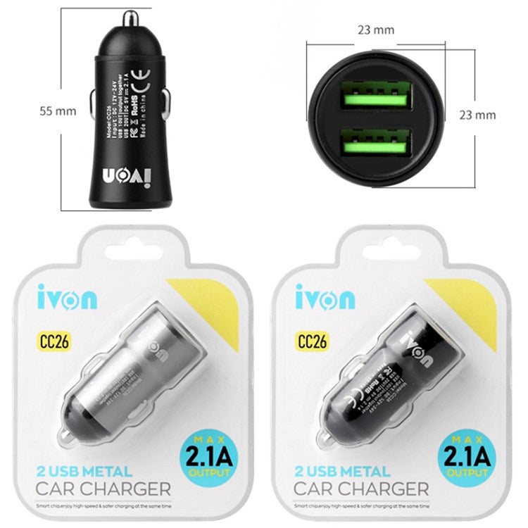 IVON CC26 5V 2.1A Dual USB Ports Fast Charger Car Charger for Cell Phone Camera Tablets Laptops and More - Grey