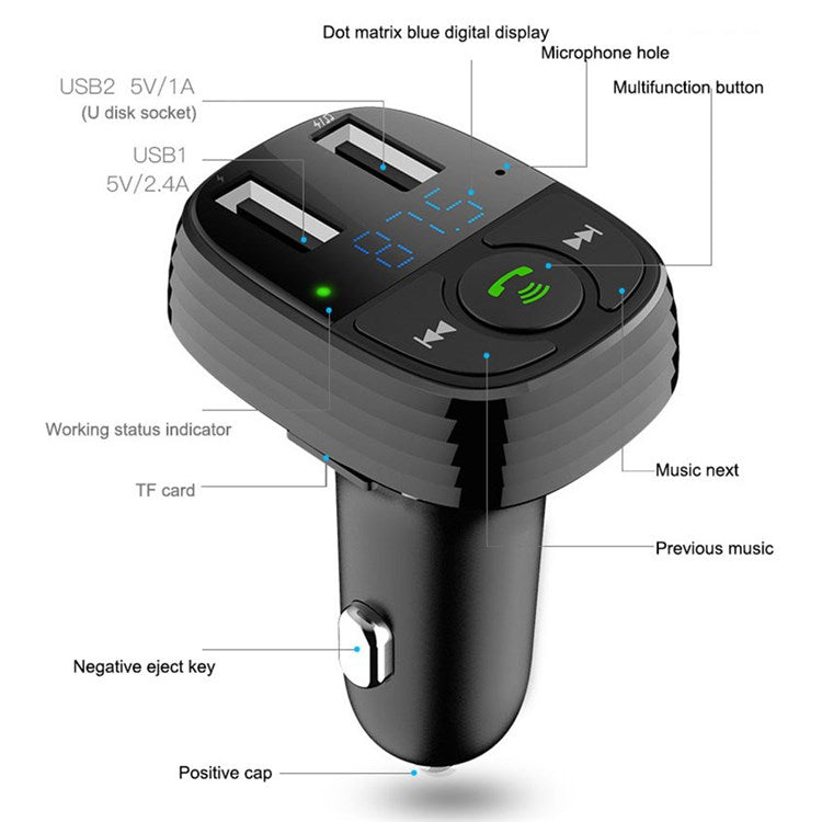 LOHEE S-11 Dual USB Ports FM Transmitter Bluetooth Calls Car Charger Cigarette Lighter Adapter - Black