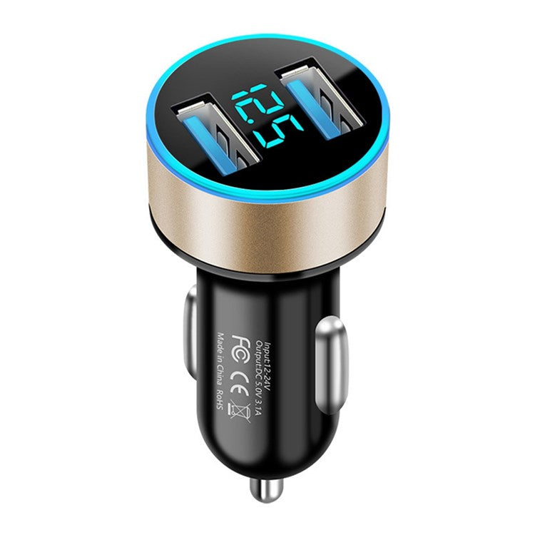 Dual USB Car Charger LED Ring Light Design 5V 3.1A Fast Charger Universal Car Phone Charger for Camera Tablets Laptops - Black / Gold