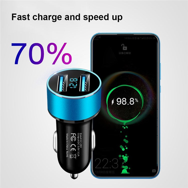 Dual USB Car Charger LED Ring Light Design 5V 3.1A Fast Charger Universal Car Phone Charger for Camera Tablets Laptops - Black / Gold