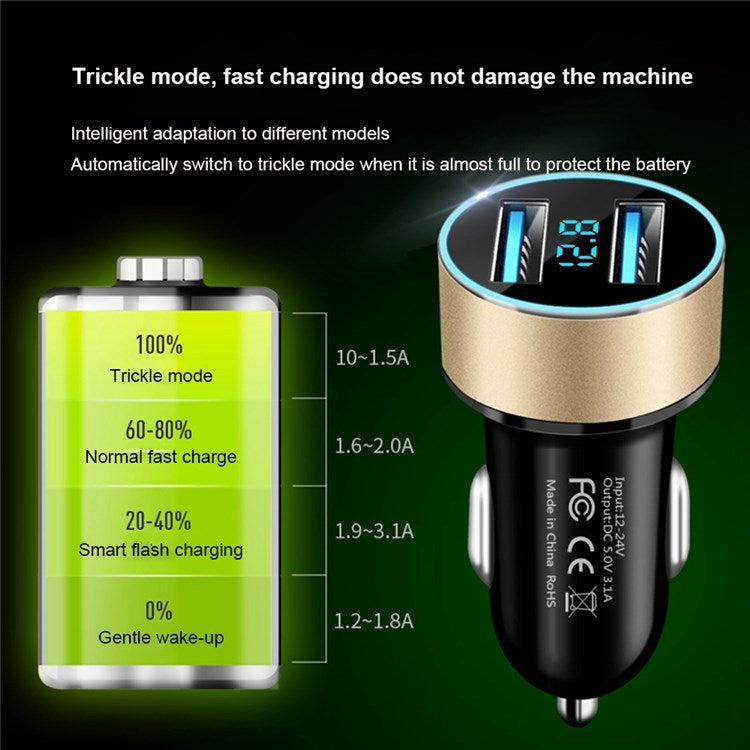 Dual USB Car Charger LED Ring Light Design 5V 3.1A Fast Charger Universal Car Phone Charger for Camera Tablets Laptops - Black / Gold