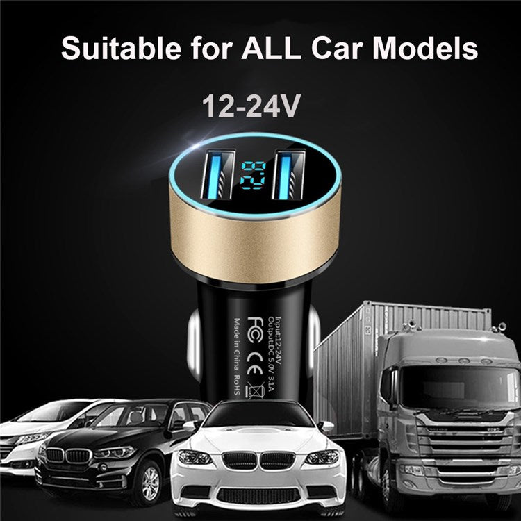 Dual USB Car Charger LED Ring Light Design 5V 3.1A Fast Charger Universal Car Phone Charger for Camera Tablets Laptops - Black / Gold