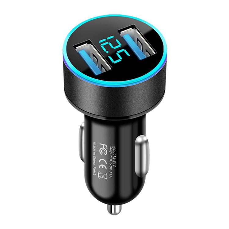 Dual USB Car Charger LED Ring Light Design 5V 3.1A Fast Charger Universal Car Phone Charger for Camera Tablets Laptops - Black