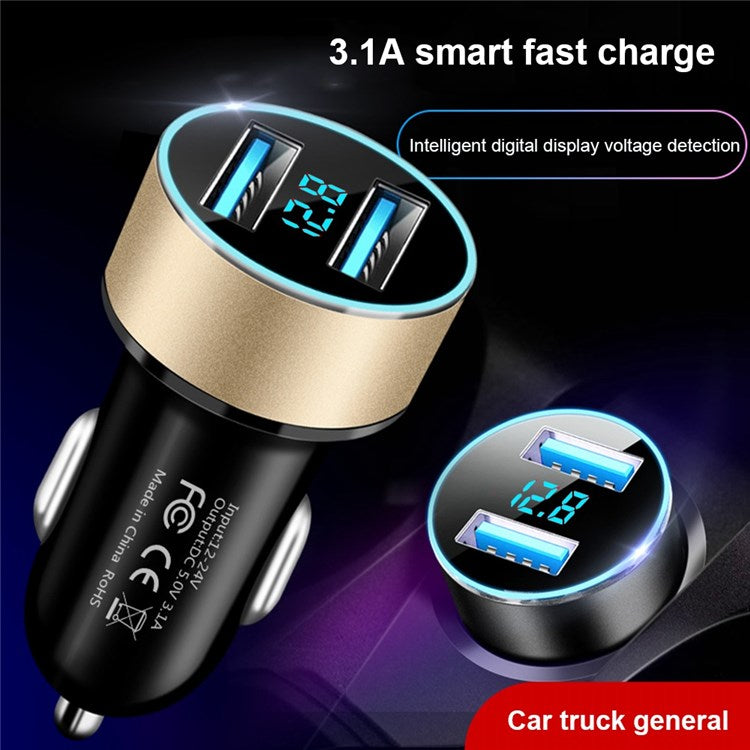 Dual USB Car Charger LED Ring Light Design 5V 3.1A Fast Charger Universal Car Phone Charger for Camera Tablets Laptops - Black