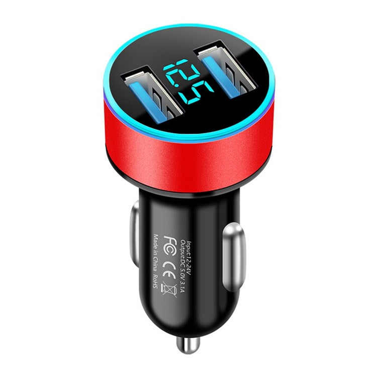 Dual USB Car Charger LED Ring Light Design 5V 3.1A Fast Charger Universal Car Phone Charger for Camera Tablets Laptops - Black / Red