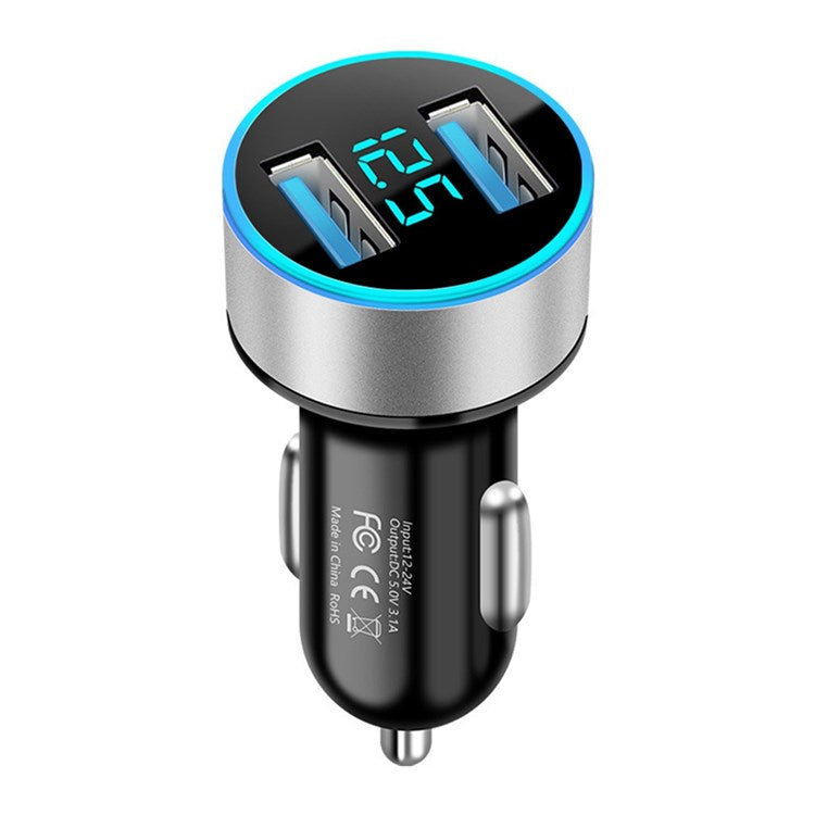 Dual USB Car Charger LED Ring Light Design 5V 3.1A Fast Charger Universal Car Phone Charger for Camera Tablets Laptops - Black / Silver