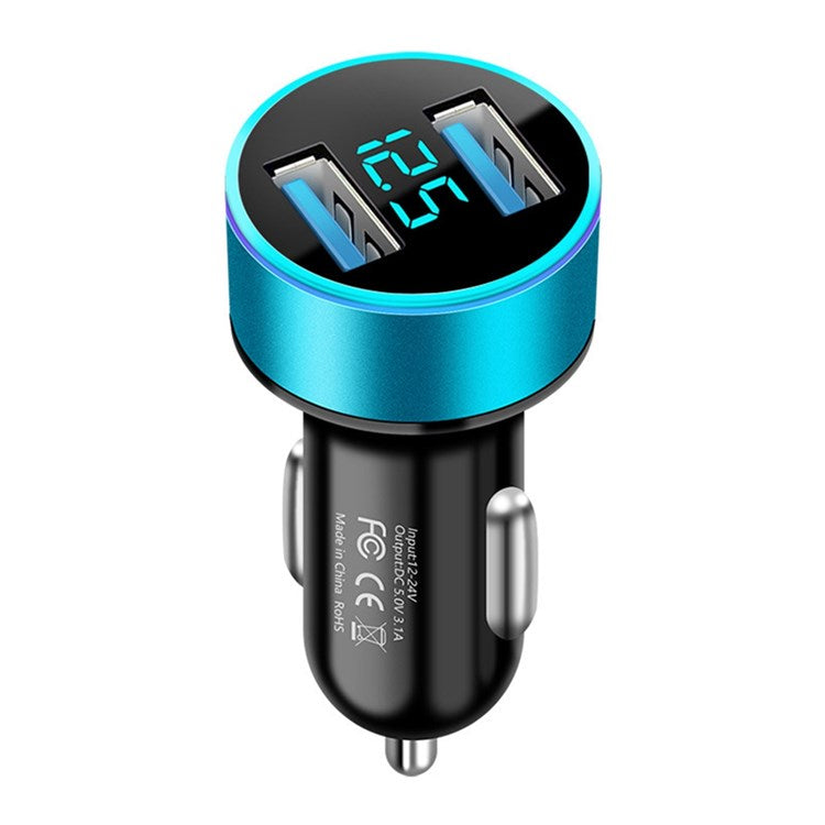 Dual USB Car Charger LED Ring Light Design 5V 3.1A Fast Charger Universal Car Phone Charger for Camera Tablets Laptops - Black / Blue