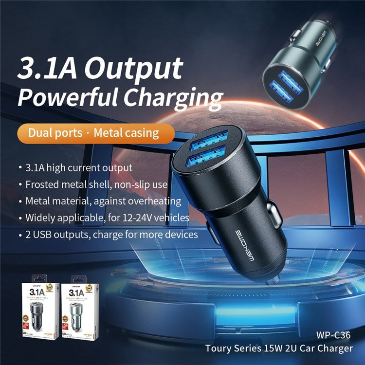 WEKOME WP-C36 Dual USB Car Charger Metal Shell 3.1A High Current Adapter for 12-24V Vehicles - Black