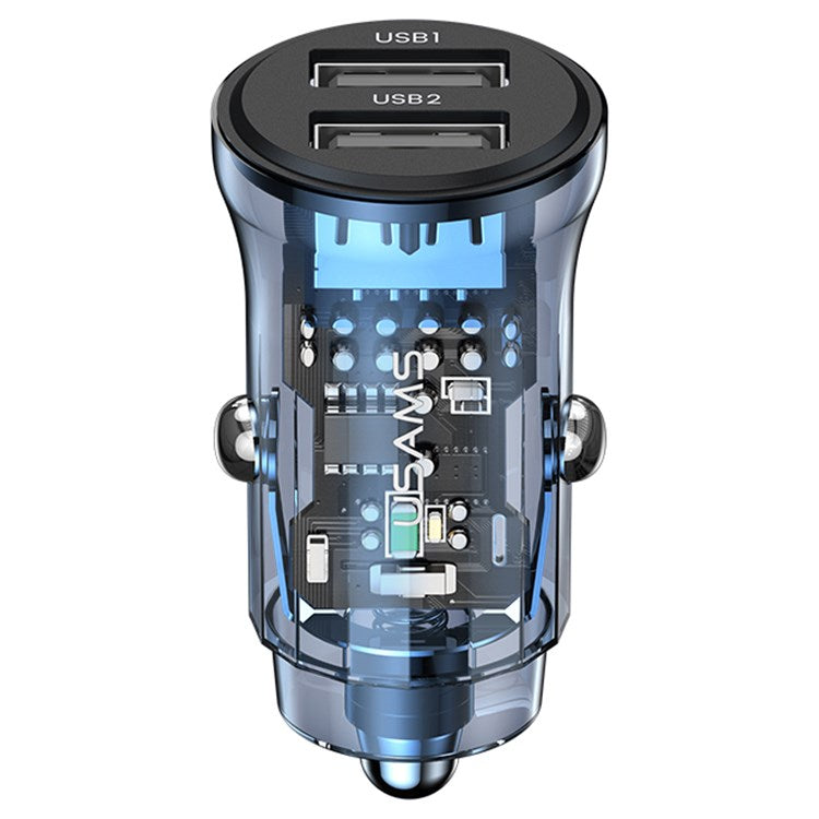 USAMS US-CC162 C31 Transparent USB Car Charger Visual 5V3A Dual USB A+A Mini Car Charger Adapter with Blue Backlight - Blue