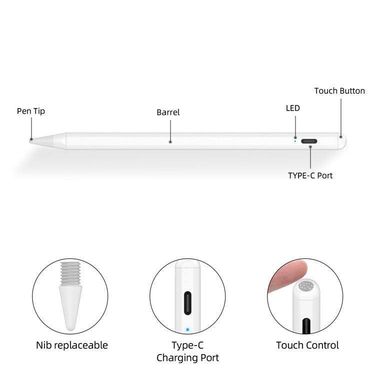 P6T Rechargeable Magnetic Adsorption Touch Screen Active Stylus Pen with Palm Rejection Tilt Detection (CE Certificated) for iPad Pro 11-inch/12.9-inch/iPad Air/iPad Mini/iPad (2018 and Later)