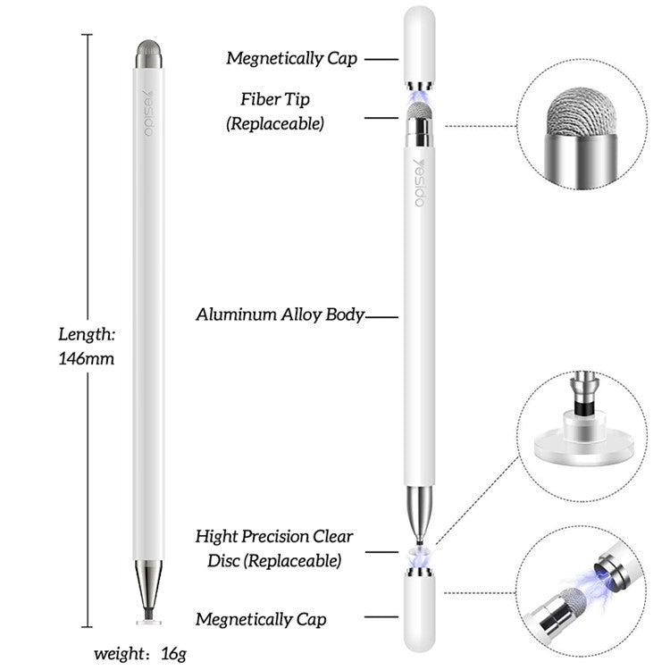 YESIDO ST02 2 in 1 Disc + Mesh Fiber Tip High Sensitivity Stylus Pen for All Capacitive Touch Screens Cell Phones Tablets Laptops