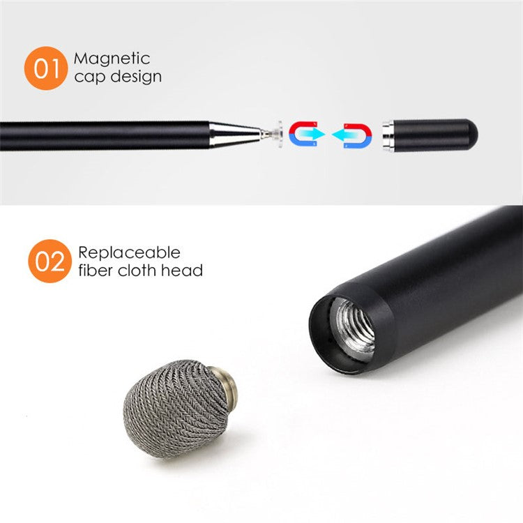 JD02 Universal 2-in-1 Round Disk/Cloth Pen Tip Capacitive Stylus Pen Tablet Phone Magnetic Adsorption Cap Drawing Writing Stylus Pen - Black