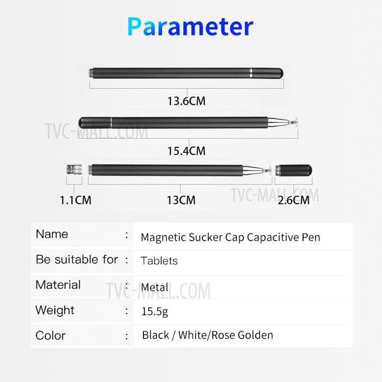 JD01 Universal Tablet Smartphone Capacitive Stylus Pen Magnetic Adsorption Cap Drawing Writing Stylus Pen with Spare Round Disk Pen Tip - White