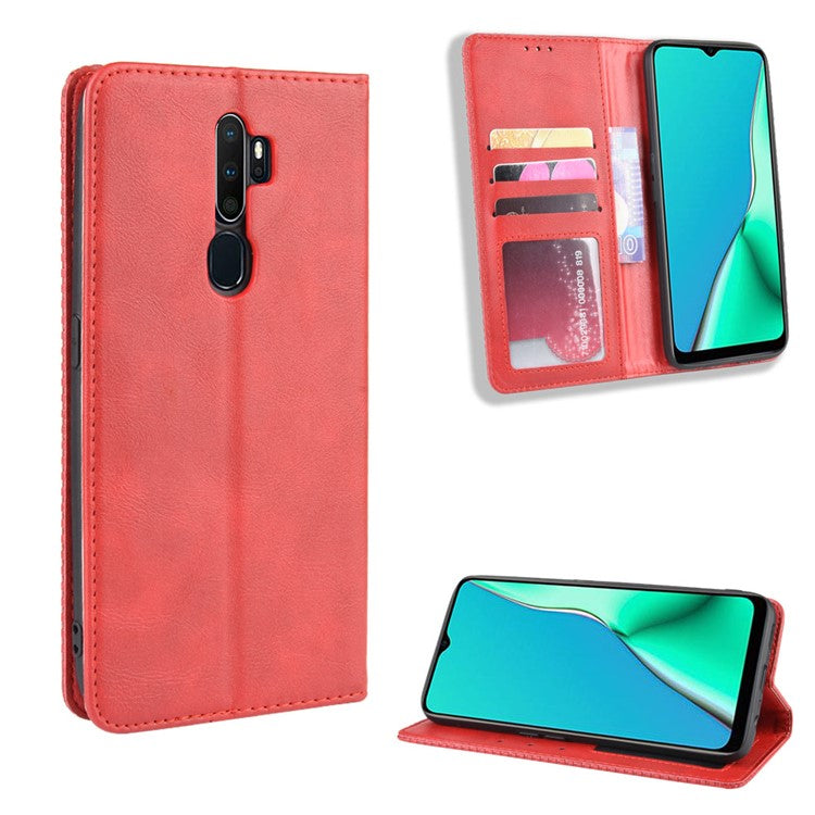 Retro Style PU Leather Stand Wallet Case for OPPO A9 2020/A5 2020/A11/A11X - Red