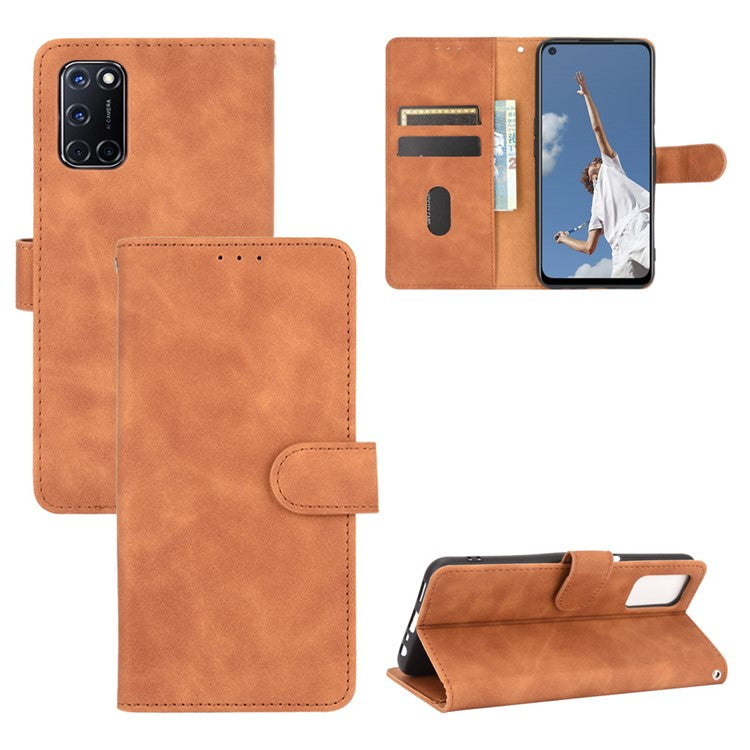 Skin-touch Wallet Stand Flip Leather Phone Cover for OPPO A52/A72/A92 - Brown