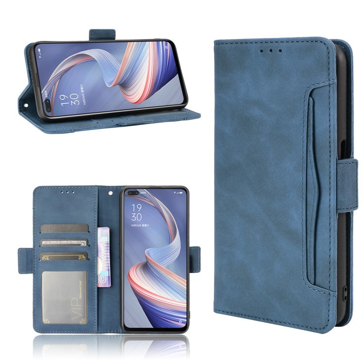 Multiple Card Slots Leather Shell Wallet Cell Phone Cover for OPPO A92s/Reno4 Z 5G with Multi-Angle Stand - Blue