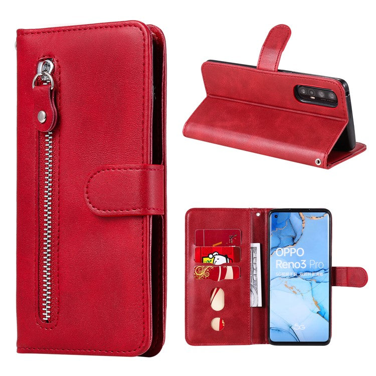 Zipper Pocket Leather Protector Wallet Case for OPPO Find X2 Neo/Reno3 Pro - Red