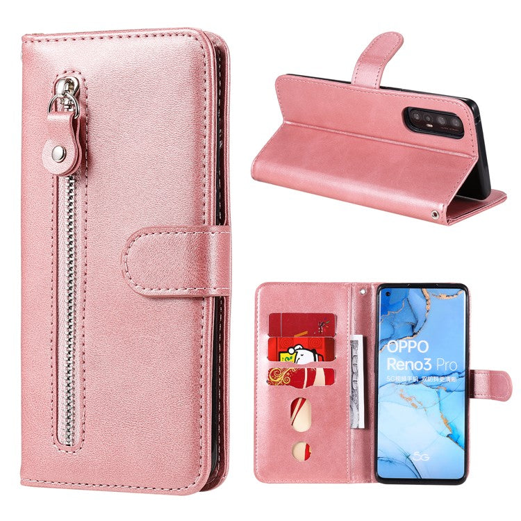 Zipper Pocket Leather Protector Wallet Case for OPPO Find X2 Neo/Reno3 Pro - Rose Gold