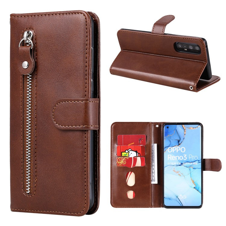 Zipper Pocket Leather Protector Wallet Case for OPPO Find X2 Neo/Reno3 Pro - Brown