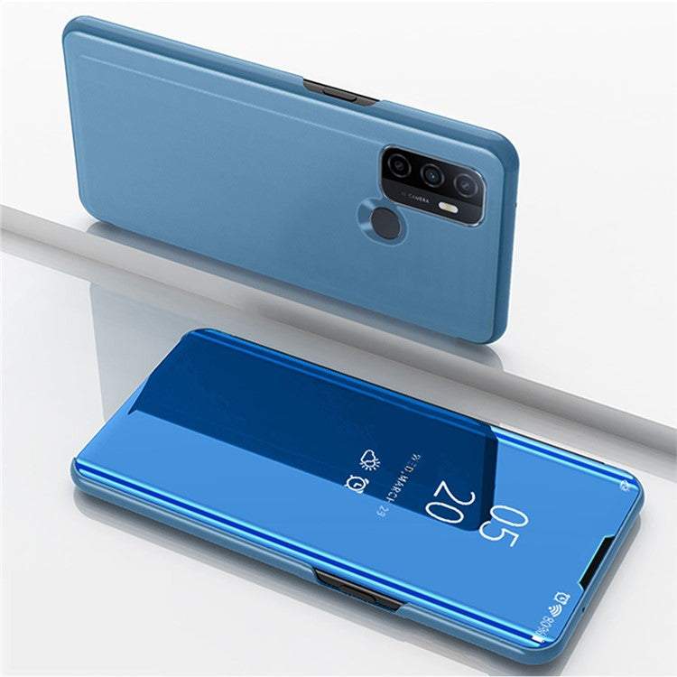 View Window Mirror Surface Leather Flip Phone Cover for Oppo A53(2020)- Baby Blue