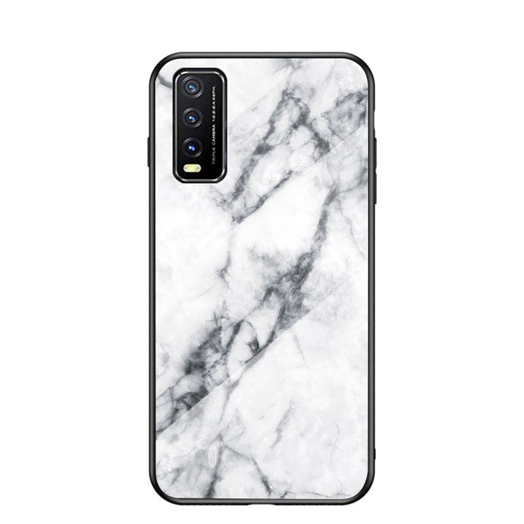 Marbling Pattern Tempered Glass + PC + TPU Edge Cell Phone Hybrid Cover for vivo Y20 - White Marble